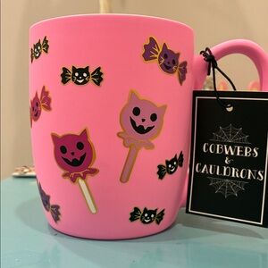 Lavendar Bright Pink Halloween Mug with Cat and Candy Design
